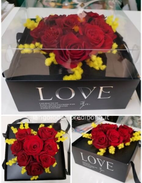 Scatola LOVE 25X25 con rose e mimosa